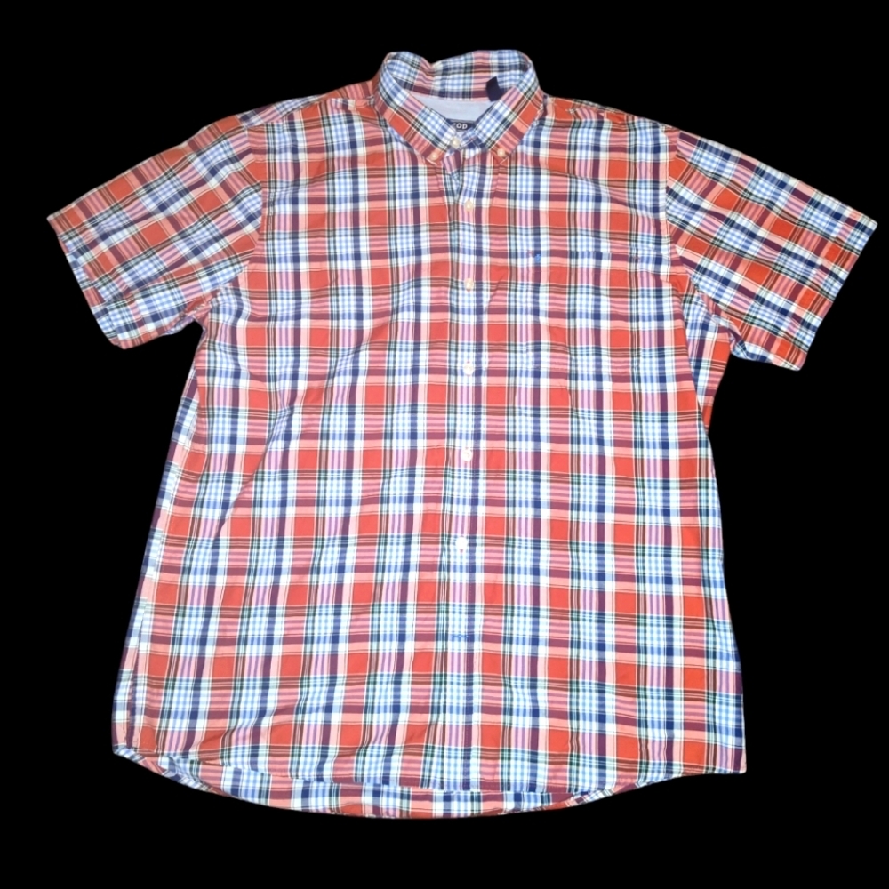 Izod Men's Button Up Red-White-Blue Plaid Short Sleeve Shirt Size XL Pre-owned